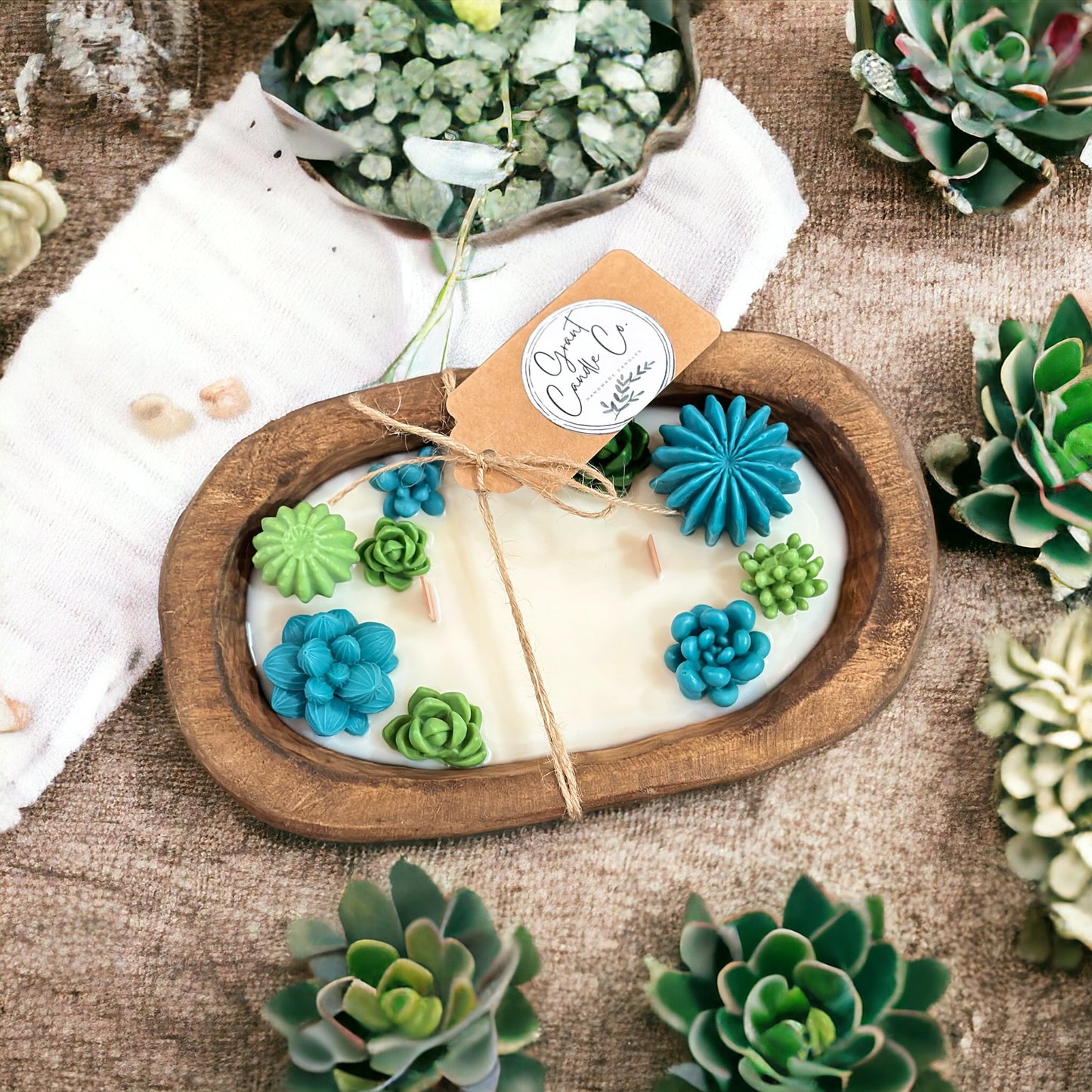 Succulent Dough Bowl Soy Candle- Baja Cactus or Blue Agave & Melon