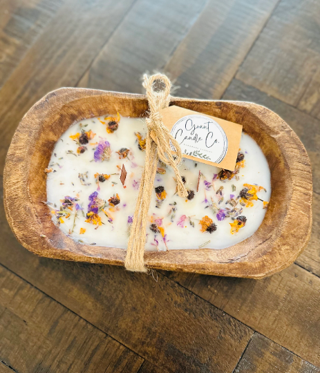 Botanical Wooden Dough Bowl Soy Candle- Lavender & Linen