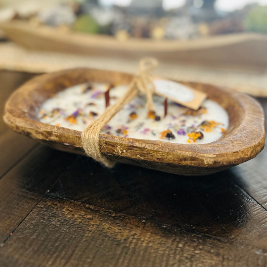 Botanical Wooden Dough Bowl Soy Candle- Lavender & Linen